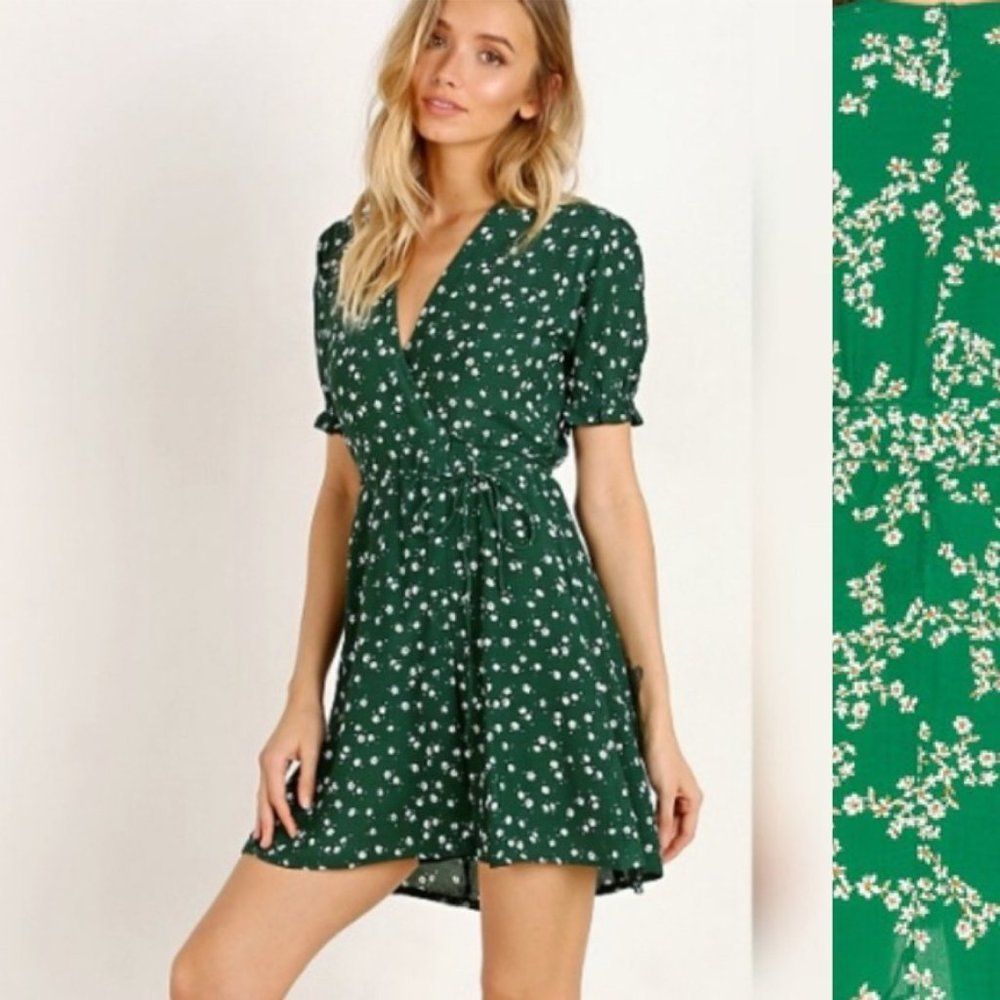 Adorable Faithfull The Brand Puff Sleeve Green Wrap Dress